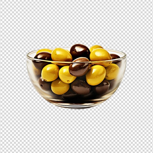 PSD eine schüssel schwarzer und gelber oliven auf durchsichtigem weißen hintergrund