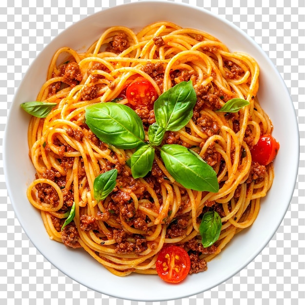 eine Schüssel Spaghetti mit Tomatensauce und Basilikum