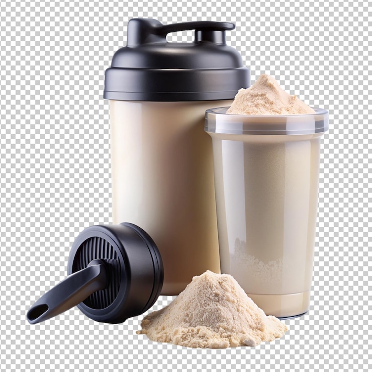 PSD eine schüssel whey-proteinpulver neben einer shaker-flasche auf durchsichtigem hintergrund