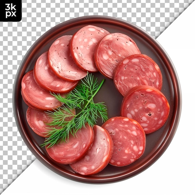 PSD eine schüssel würstchen mit einem grünen topf, auf dem salami steht