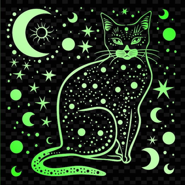 PSD eine schwarz-grüne zeichnung einer katze mit grünem hintergrund mit sternen und einem mond