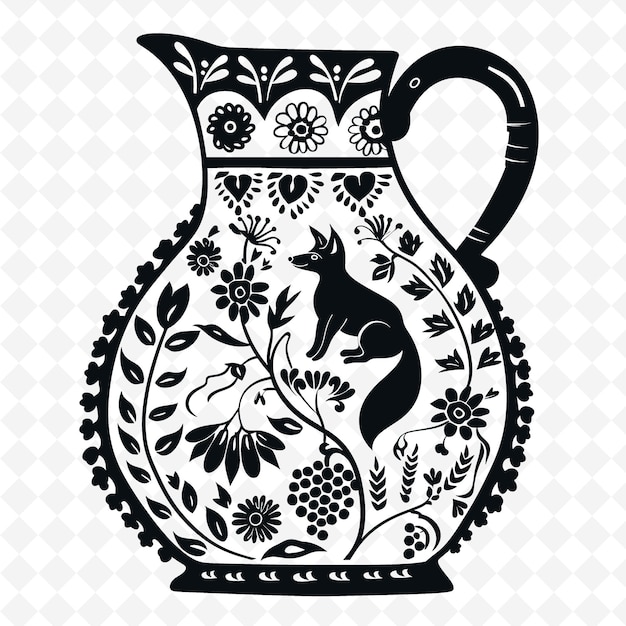 Eine schwarz-weiße zeichnung einer katze und einer vase mit blumen darauf