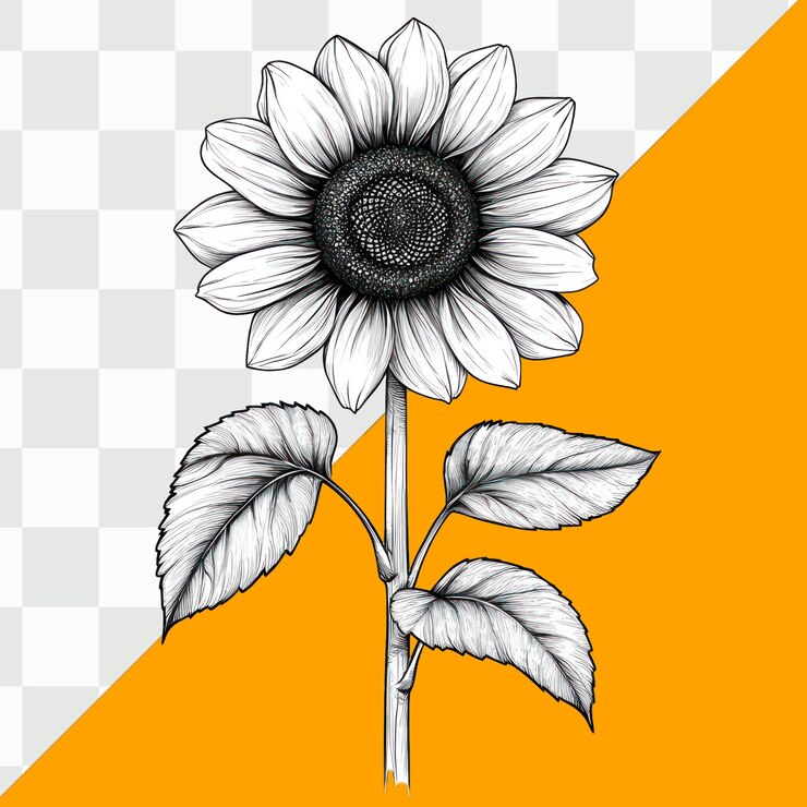 PSD eine schwarz-weiße zeichnung einer sonnenblume mit einem schwarzen umriss