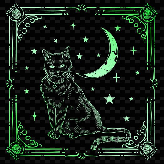 PSD eine schwarze katze mit grünem hintergrund mit grünen mond und sternen