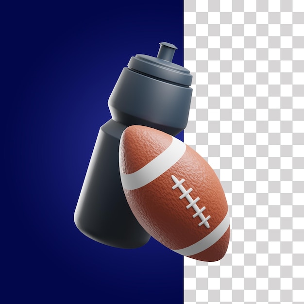 Eine schwarze sportflasche mit einem american-football-ball daneben