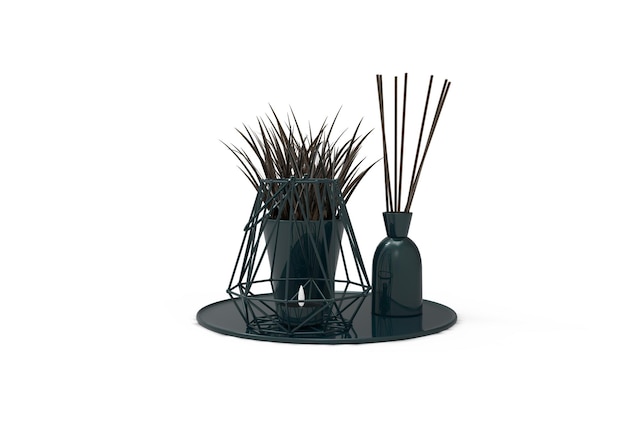Eine schwarze Vase mit einem Haufen Luftpflanzen darauf.