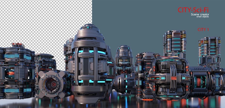 PSD eine science-fiction-stadt mit vielen verschiedenen gebäudeformen.