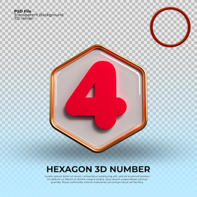 Eine sechseckige 3D-Nummer 4 mit einer roten Sechsecknummer