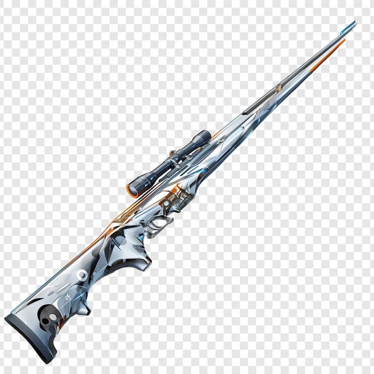 PSD eine silber-blaue waffe mit einem roten streifen. die waffe ist lang und hat ein zielgerät.