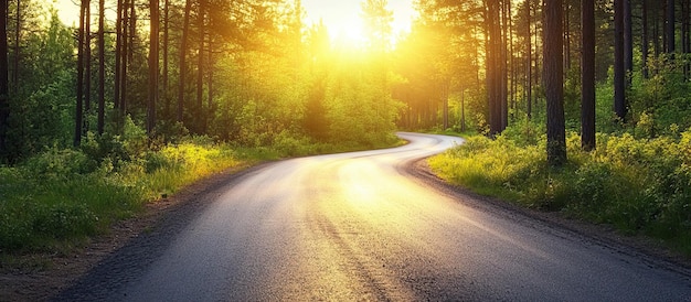 Eine sonnige, kurvenreiche Straße im Wald