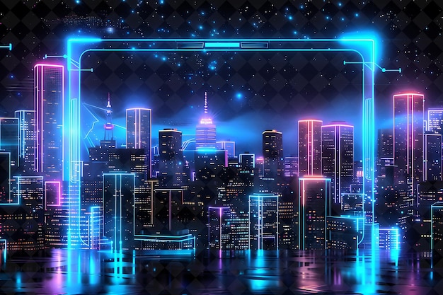 Eine stadt-skyline mit einem blauen und rosa neon-schild, auf dem steht nyc