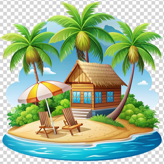 Eine strandszene mit einer strandhütte und palmen