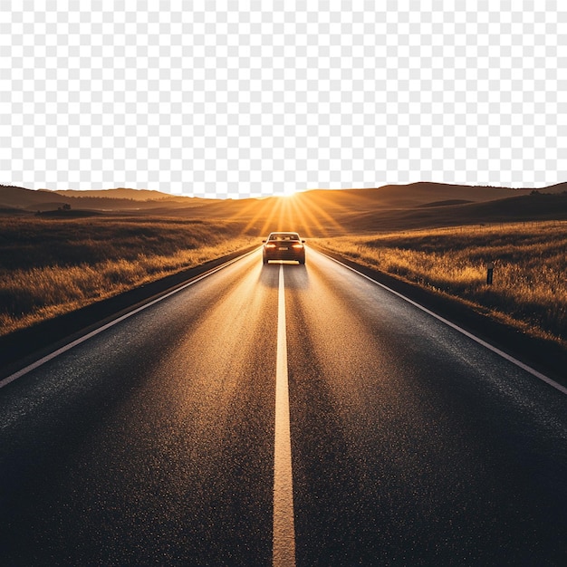 eine Straße mit einem Auto darauf und den Worten "Sonne" am Horizont