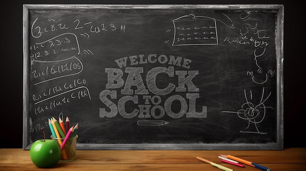 Eine Tafel mit einer Tafel, auf der die Worte "Willkommen wieder in die Schule" geschrieben sind.