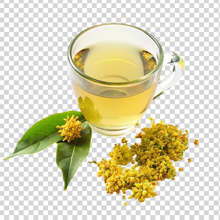 PSD eine tasse duftender tee mit gelben blüten und grünen blättern auf durchsichtigem hintergrund