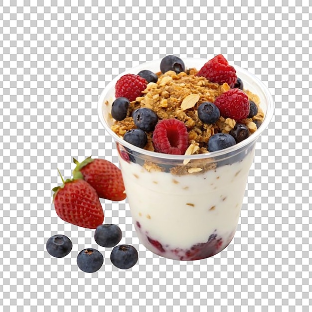 Eine Tasse Joghurt mit Granola und frischen Beeren oben