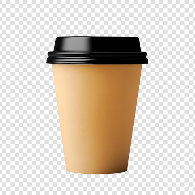 Eine Tasse Kaffee mit einem schwarzen Deckel auf einem durchsichtigen Hintergrund