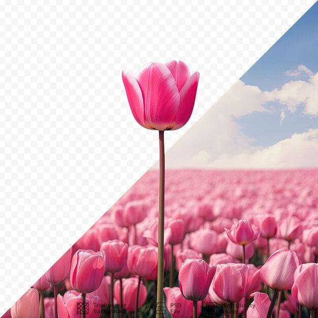 PSD eine tulpe sticht in einem feld von rosa tulpen hervor