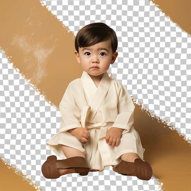 PSD eine überraschte kleinkindfrau mit kurzen haaren aus der asiatischen ethnie, gekleidet in richterkleidung, posiert in einer sitzenden pose mit gekreuzten beinen gegen einen pastellcreme-hintergrund