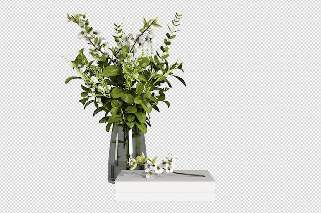 eine Vase mit Blumen sitzt auf einem Bücherregal mit weißem Hintergrund