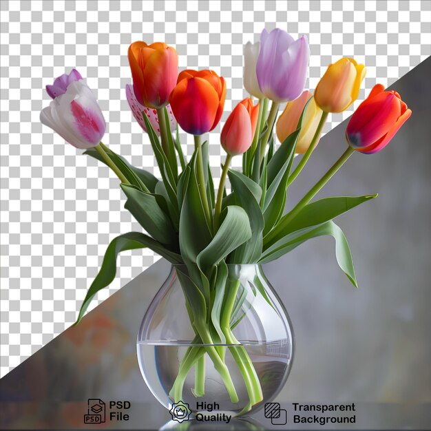PSD eine vase mit tulpen sitzt auf einem tisch mit einem rastermuster im hintergrund mit durchsichtigem hintergrund
