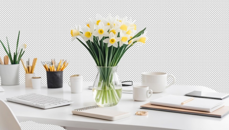PSD eine vase und moderne büroartikel auf einem unberührten arbeitsplatz