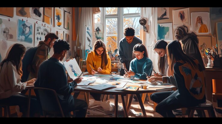 PSD eine vielfältige gruppe junger künstler arbeitet in einem sonnigen studio an kunstprojekten zusammen