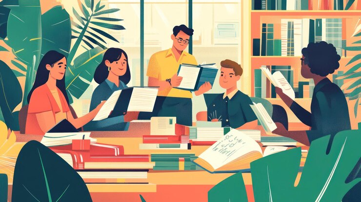 PSD eine vielfältige gruppe von schülern studiert gemeinsam in einer bibliothek, die von büchern und pflanzen umgeben ist