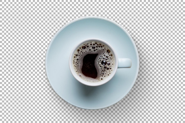 Eine von oben nach unten gerichtete Ansicht einer Kaffeetasse, die mit dunkler Flüssigkeit gefüllt ist und auf einer hellfarbenen Untertasse ruht