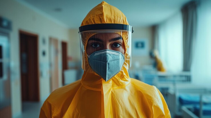 PSD eine weibliche gesundheitsarbeiterin in einem gelben schutzanzug und gesichtsschild schaut direkt in die kamera
