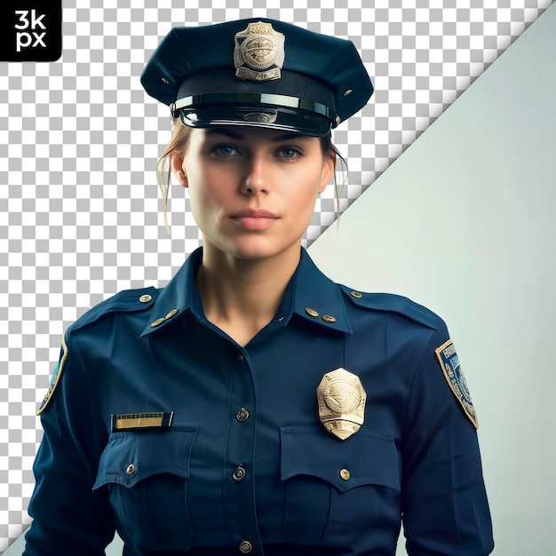 Eine weibliche polizistin mit einem abzeichen am hals