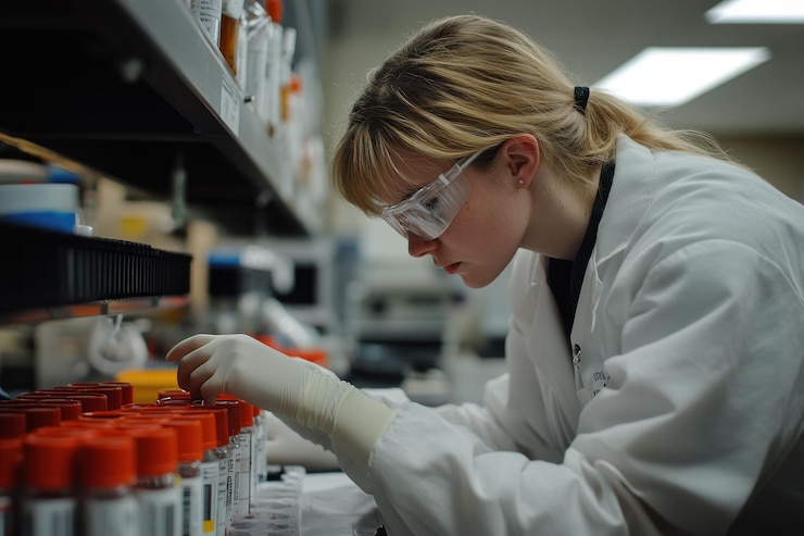PSD eine weibliche wissenschaftlerin in einem weißen labormantel und sicherheitsbrille arbeitet sorgfältig mit reagenzröhren in einer laborumgebung