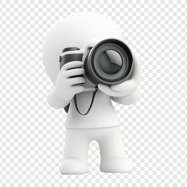 PSD eine weiße 3d-figur hält eine professionelle dslr-kamera und nimmt ein hobby-digitalkamera-objektiv ein