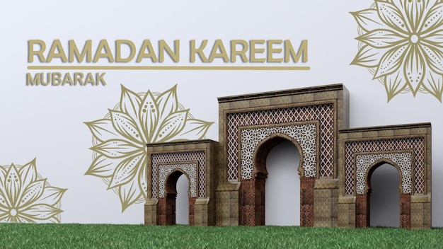 Eine weiße Wand mit einem grün-goldenen Design, auf dem „ramadan kareem“ steht.