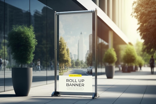 Eine Werbetafel für Rollup-Banner auf einer Stadtstraße