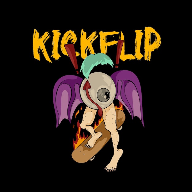 eine Zeichentrickfigur mit einem Skateboard und dem Wort Kick darauf