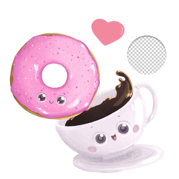 Eine Zeichnung eines Donuts und einer Tasse Kaffee mit einem rosa Zuckerguss darauf.