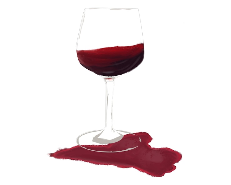 PSD eine zeichnung eines durchsichtigen glases mit rotwein und verschüttetem wein auf dem boden
