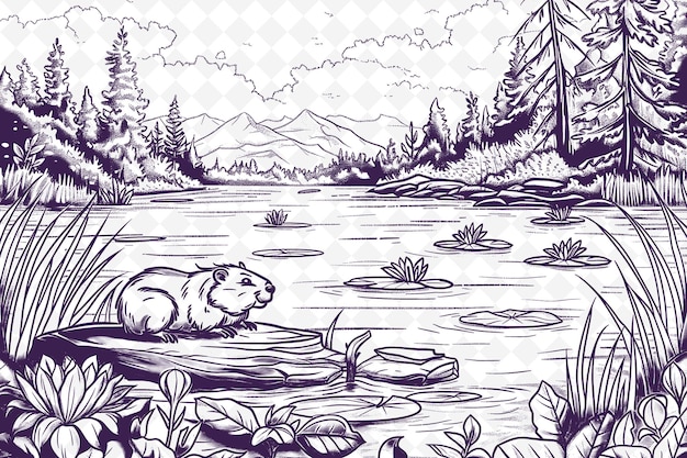 eine Zeichnung eines Eisbären in einem Wald mit einem Fluss und Bäumen
