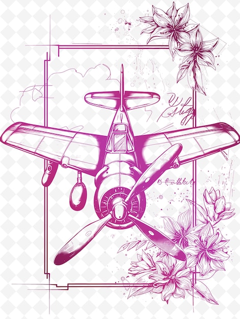 PSD eine zeichnung eines flugzeugs mit einem bild von blumen und einem flugzeug mit den wörtern fliegen auf der unterseite