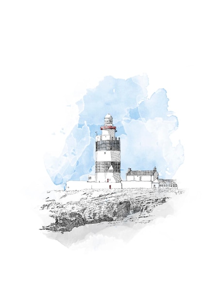 eine Zeichnung eines Leuchtturms mit einem blauen Himmel und einer Zeichnung von einem Leuchtturm