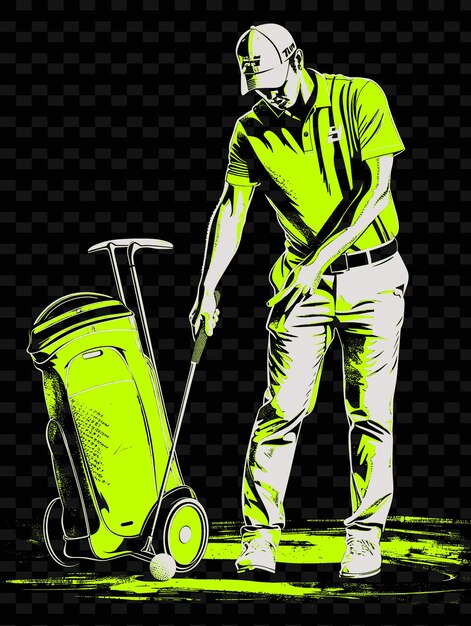 PSD eine zeichnung eines mannes mit einem golfwagen und einer grünen tasche