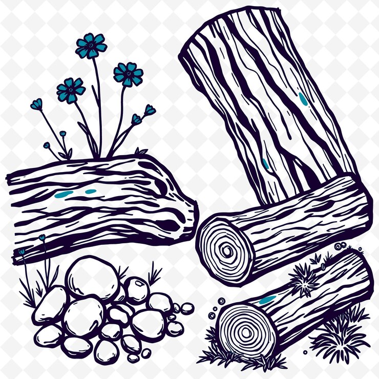 PSD eine zeichnung eines stammes mit blauen blumen und ein bild eines stamms mit einer blauen blume