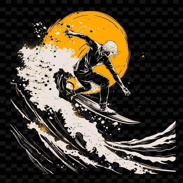 PSD eine zeichnung eines surfers auf einem surfboard mit einem vollmond dahinter