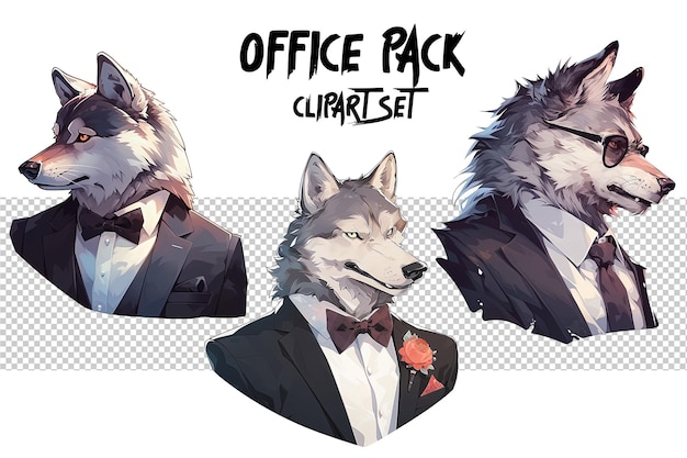 Eine Zeichnung eines Wolfes mit Anzug und eines Anzugs mit der Aufschrift „Office Pack“.