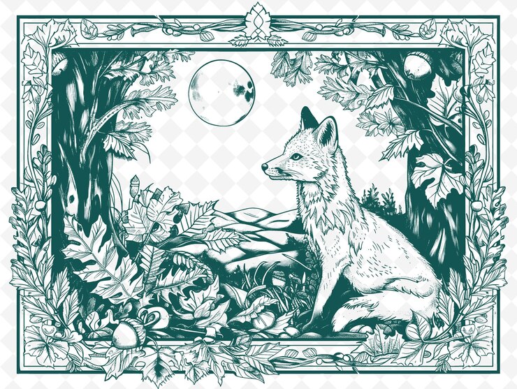 PSD eine zeichnung eines wolfes und blumen in einem rahmen mit einem wolf oben