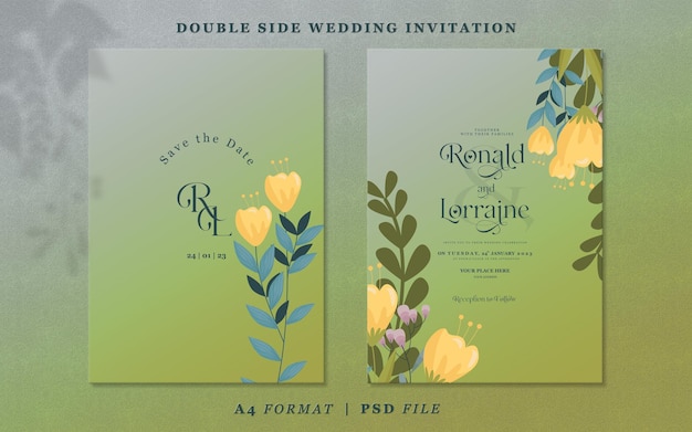 Einfache Hochzeitseinladung mit Blumen und Blättern auf grünem und gelbem Steigungsfarbhintergrund