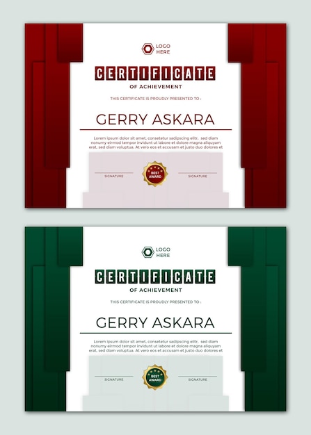 einfache moderne zertifikatvorlage set design rote und grüne farbe
