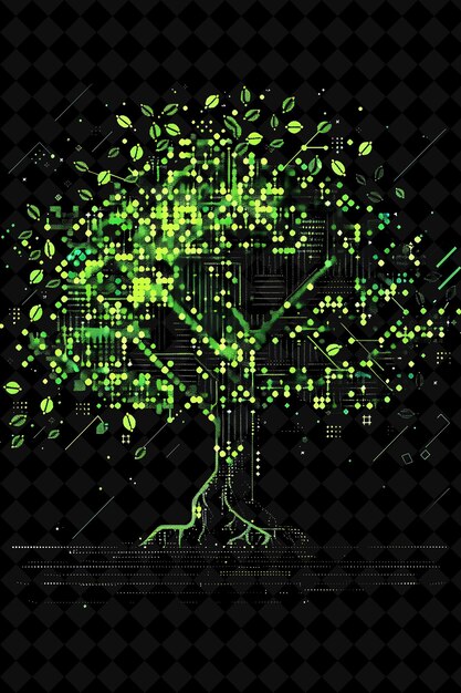 Einfacher Baum 8-Bit-Pixel mit Blättern und Zweigen und Geometrie Y2K Form Neon Farbkunstkollektionen
