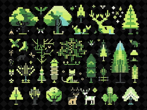 PSD einfacher wald 16-bit-pixel mit bäumen und tieren und geomet y2k form neon farbkunstkollektionen